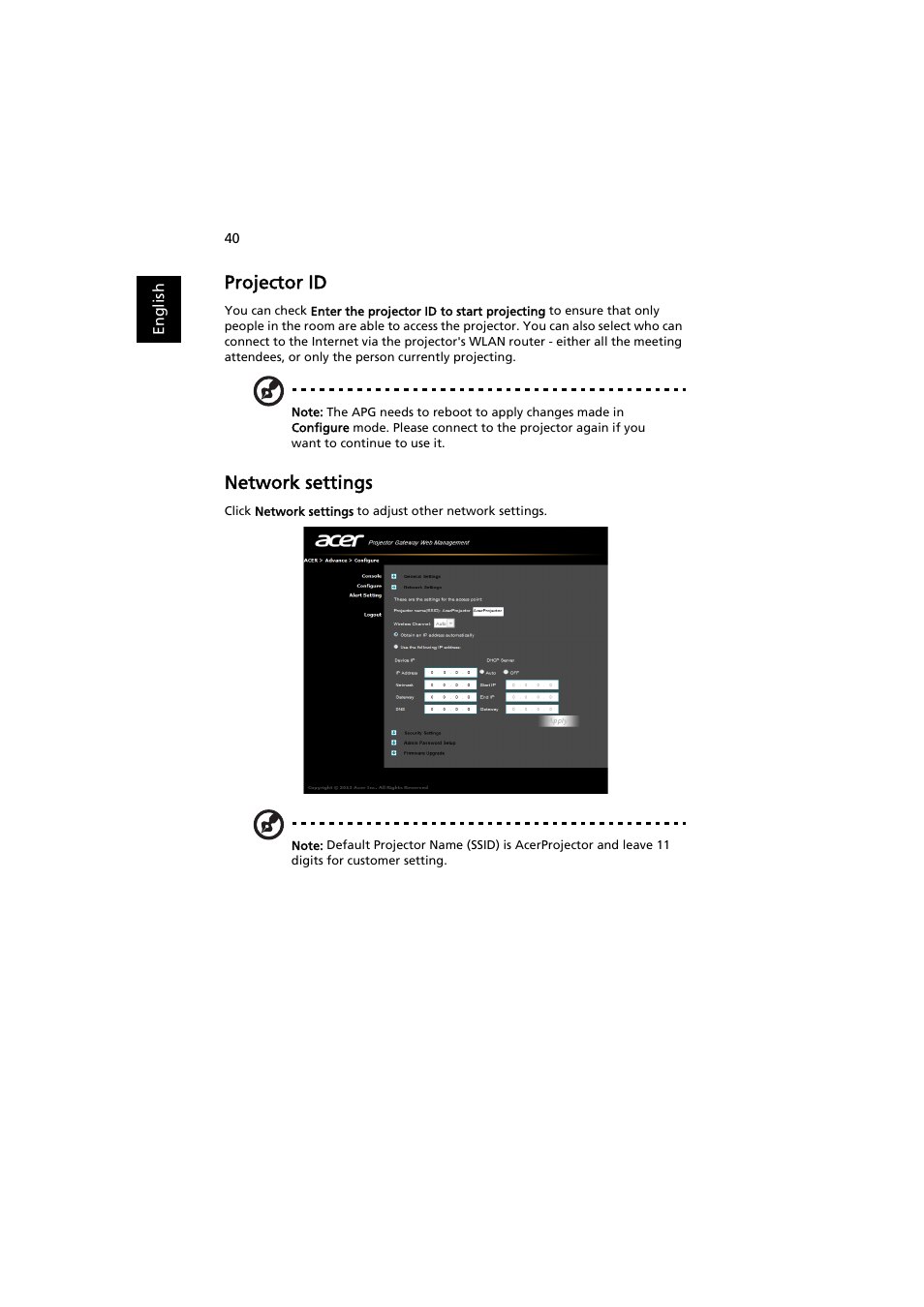 Projector id, Network settings, Ease see "projector id | Please see "network settings, Ease see "network settings | Acer P5207B User Manual | Page 40 / 53