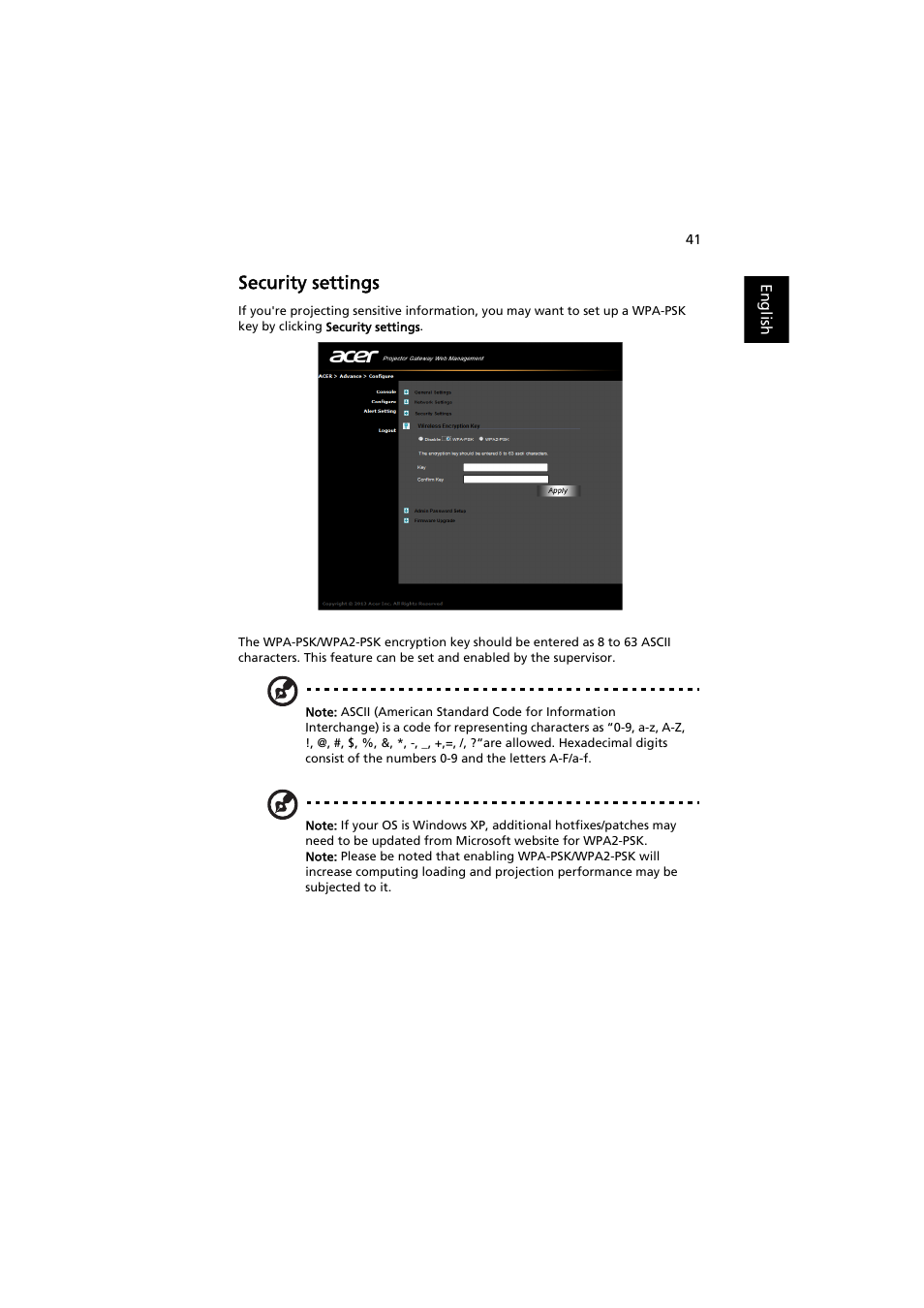 Security settings, Please see "security settings | Acer P5207B User Manual | Page 41 / 53