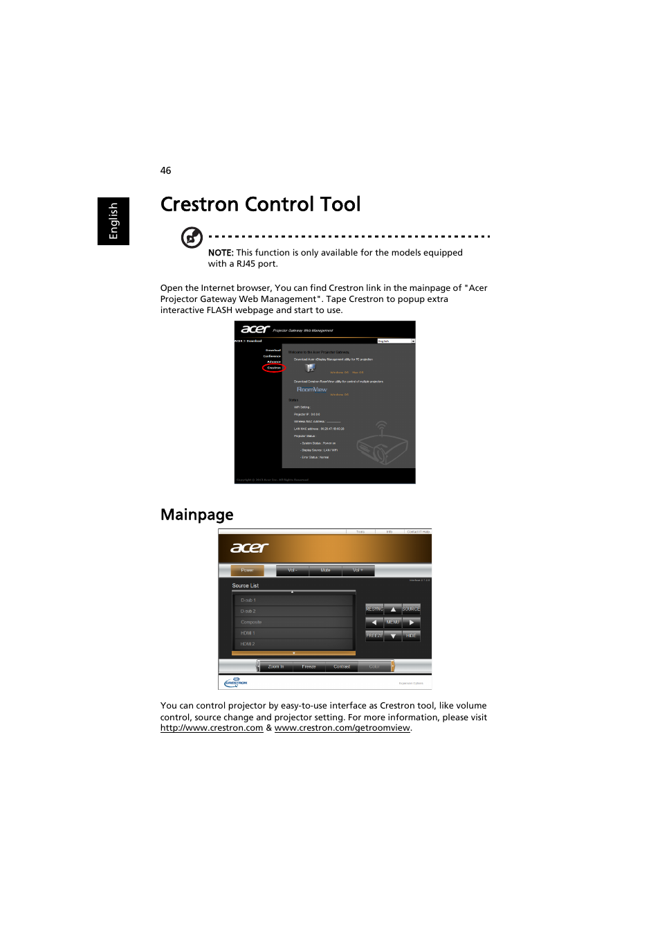 Crestron control tool, Mainpage | Acer P5207B User Manual | Page 46 / 53