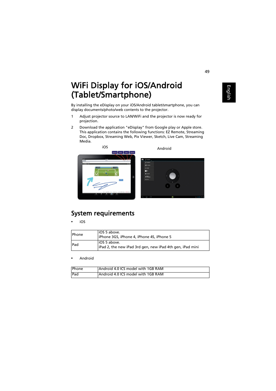 Wifi display for ios/android (tablet/smartphone), System requirements | Acer P5207B User Manual | Page 49 / 53