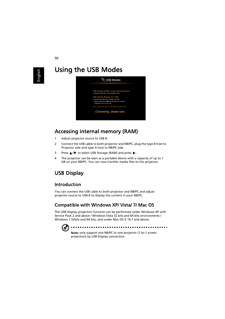 Using the usb modes, Accessing internal memory (ram), Usb display | Introduction, Compatible with windows xp/ vista/ 7/ mac os | Acer P5207B User Manual | Page 50 / 53