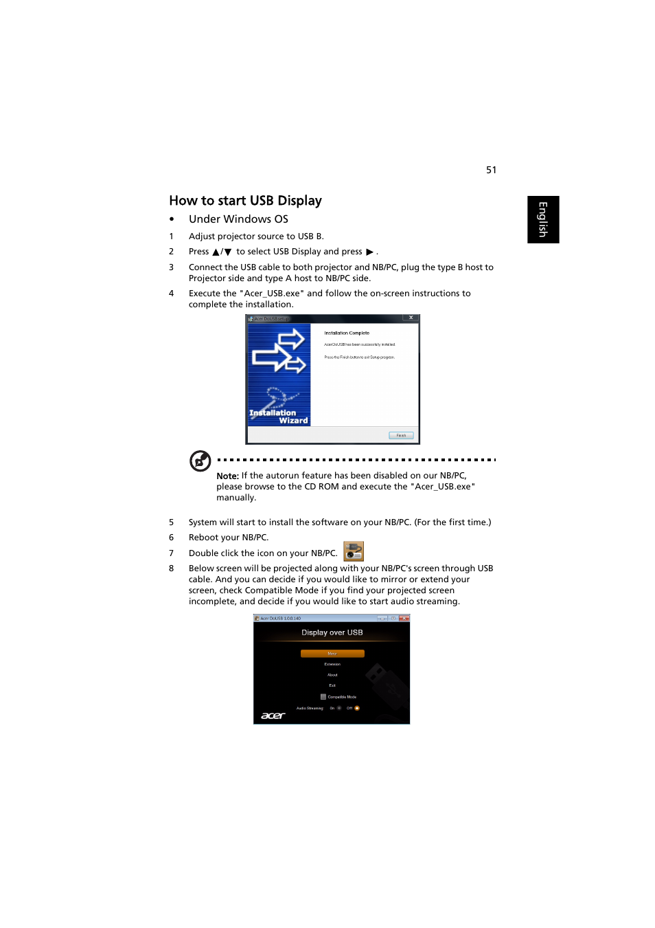 How to start usb display | Acer P5207B User Manual | Page 51 / 53