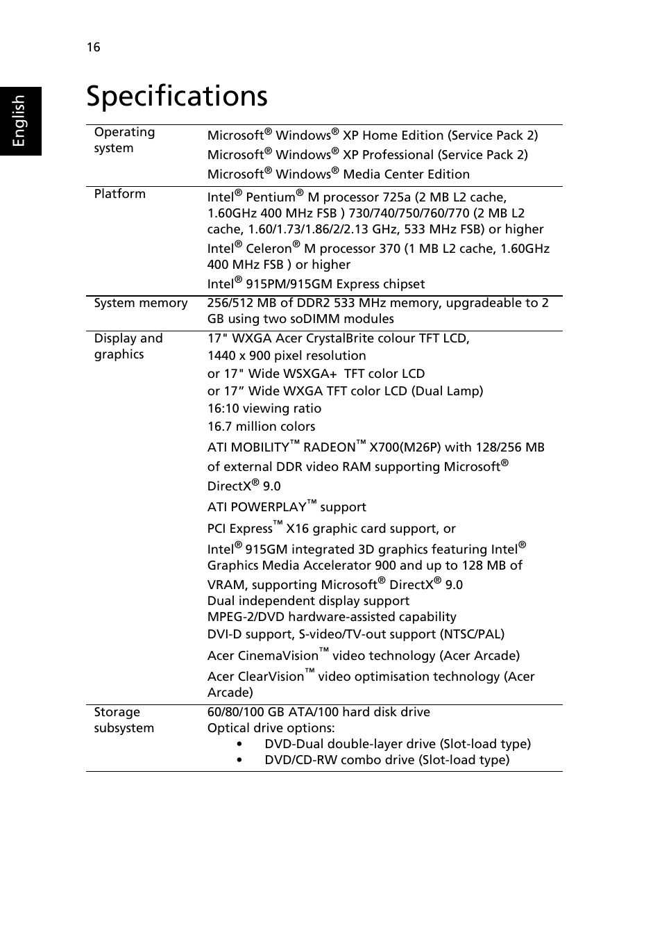 Specifications, English | Acer Aspire 9500 User Manual | Page 28 / 100