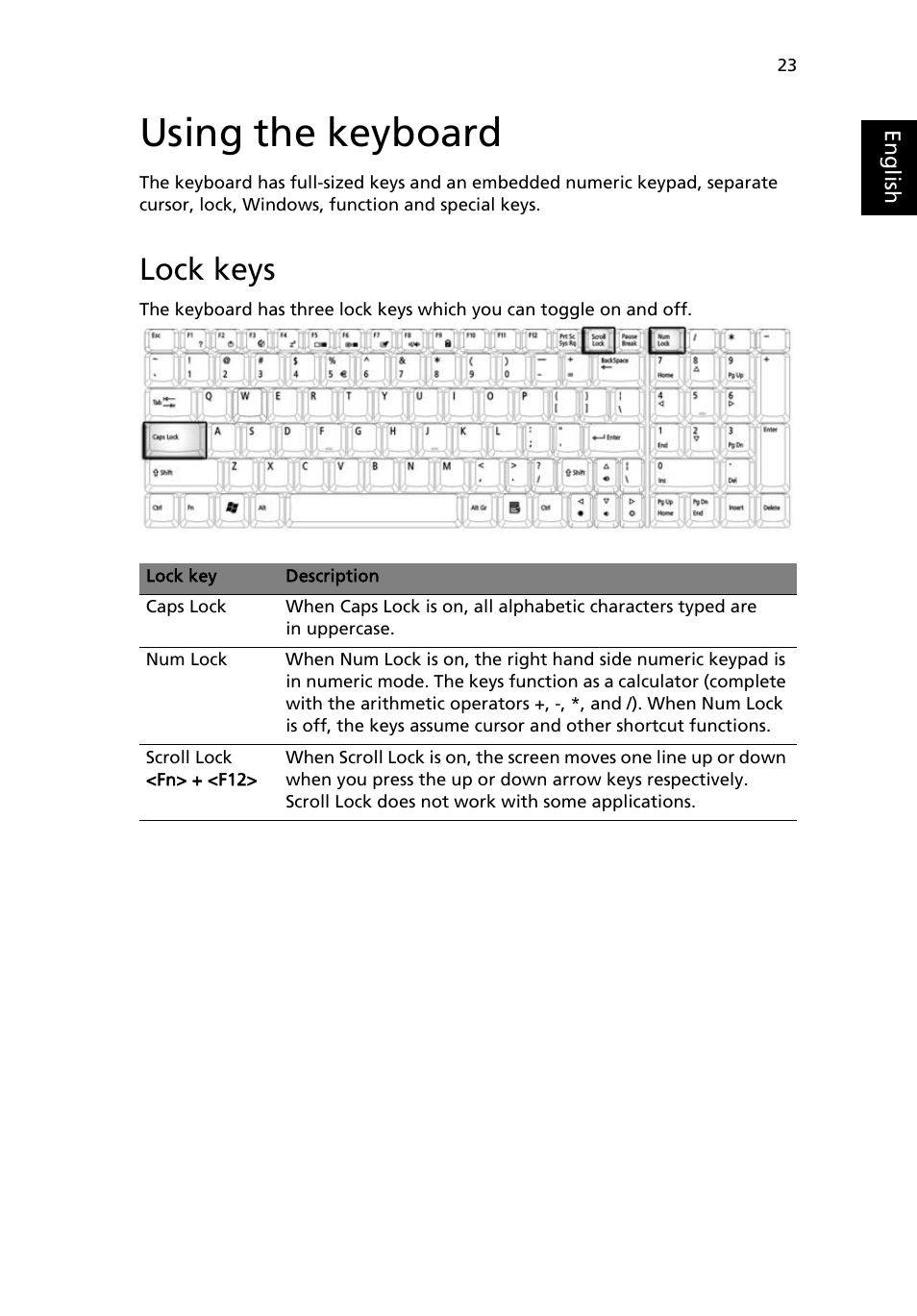 Using the keyboard, Lock keys | Acer Aspire 9500 User Manual | Page 35 / 100