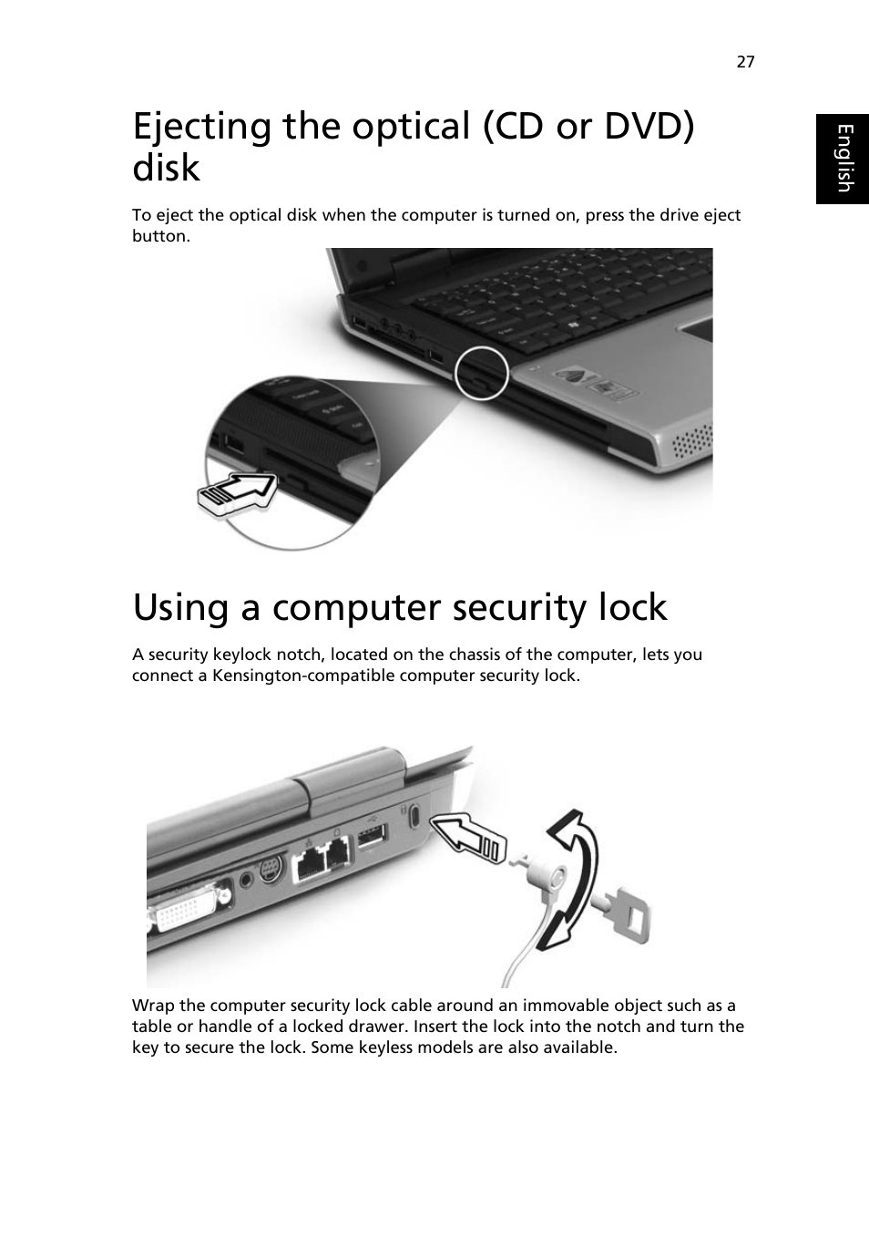 Ejecting the optical (cd or dvd) disk, Using a computer security lock | Acer Aspire 9500 User Manual | Page 39 / 100