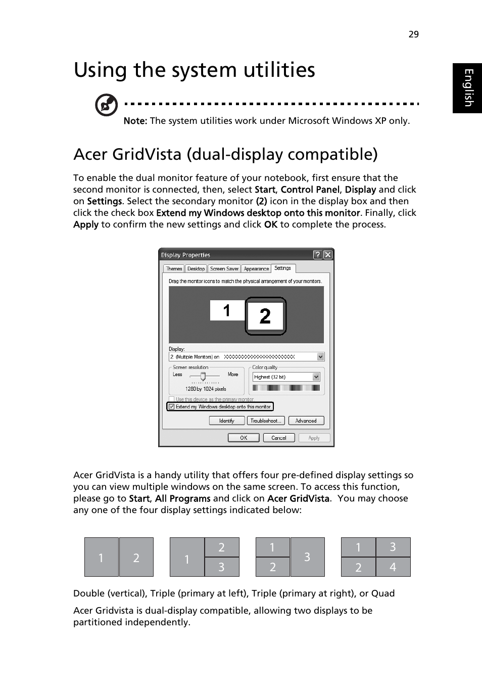 Using the system utilities, Acer gridvista (dual-display compatible) | Acer Aspire 9500 User Manual | Page 41 / 100