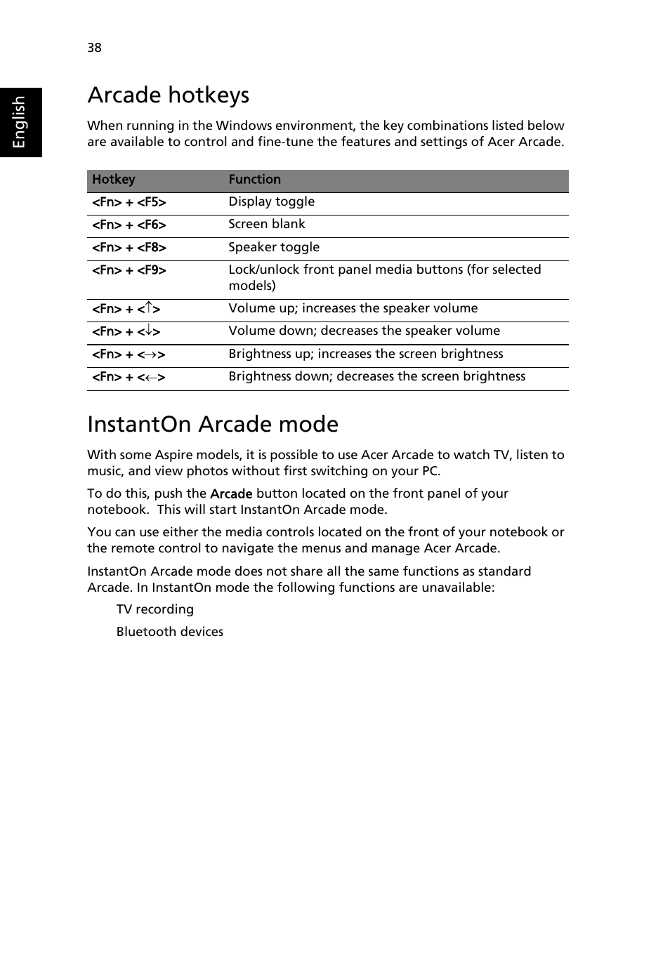 Arcade hotkeys, Instanton arcade mode | Acer Aspire 9500 User Manual | Page 50 / 100