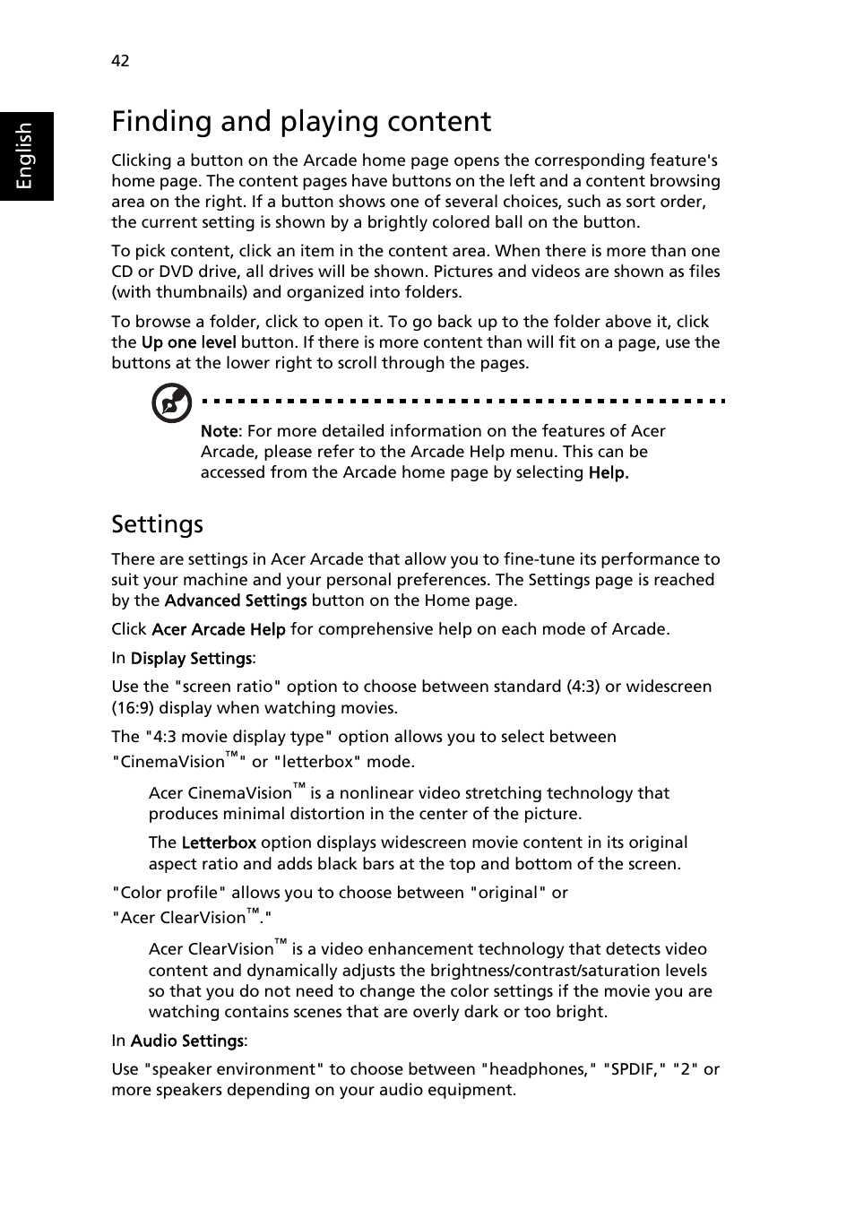 Finding and playing content, Settings | Acer Aspire 9500 User Manual | Page 54 / 100