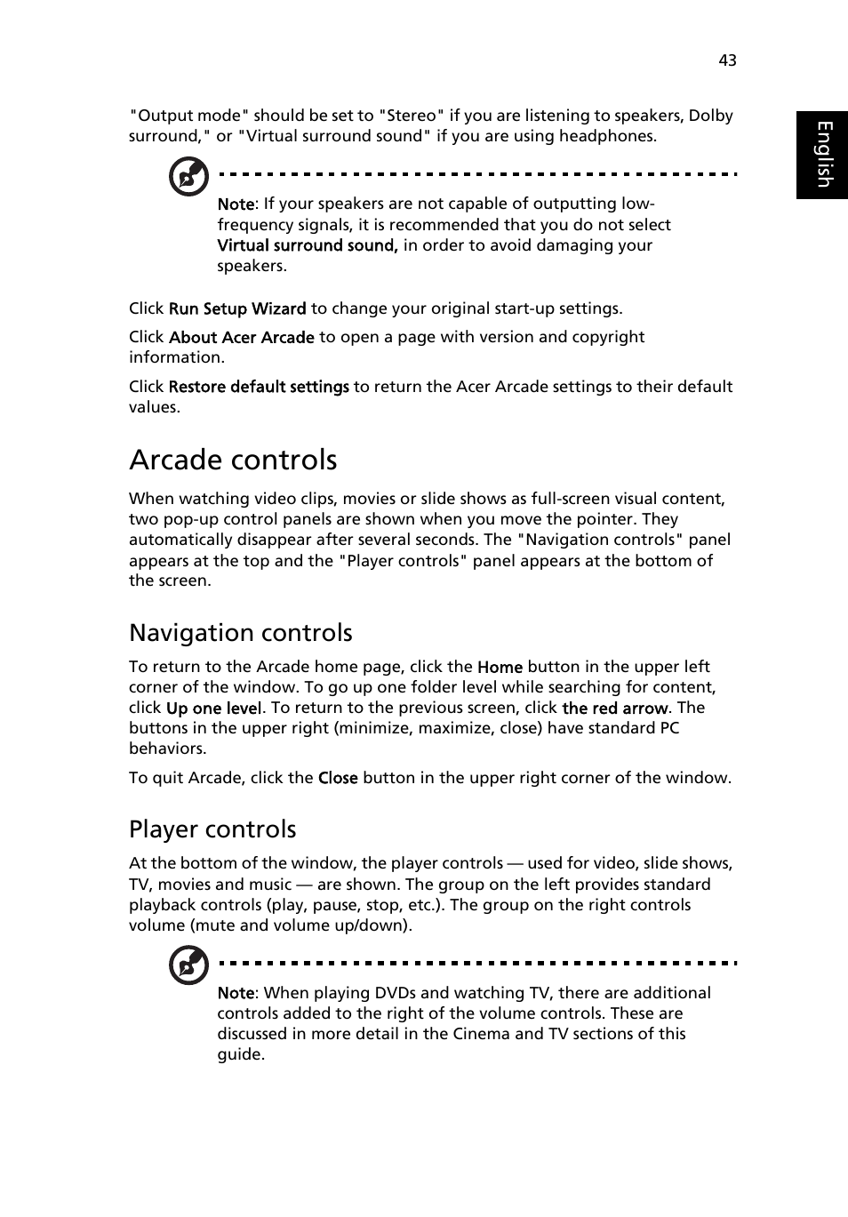Arcade controls, Navigation controls, Player controls | Acer Aspire 9500 User Manual | Page 55 / 100
