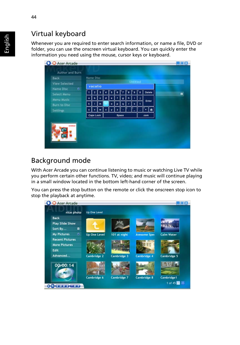 Virtual keyboard, Background mode | Acer Aspire 9500 User Manual | Page 56 / 100