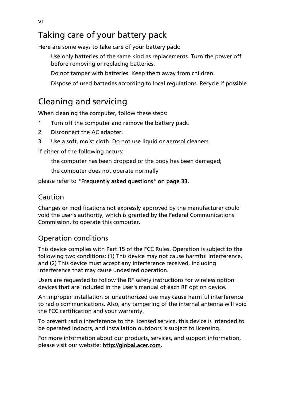 Taking care of your battery pack, Cleaning and servicing | Acer Aspire 9500 User Manual | Page 6 / 100