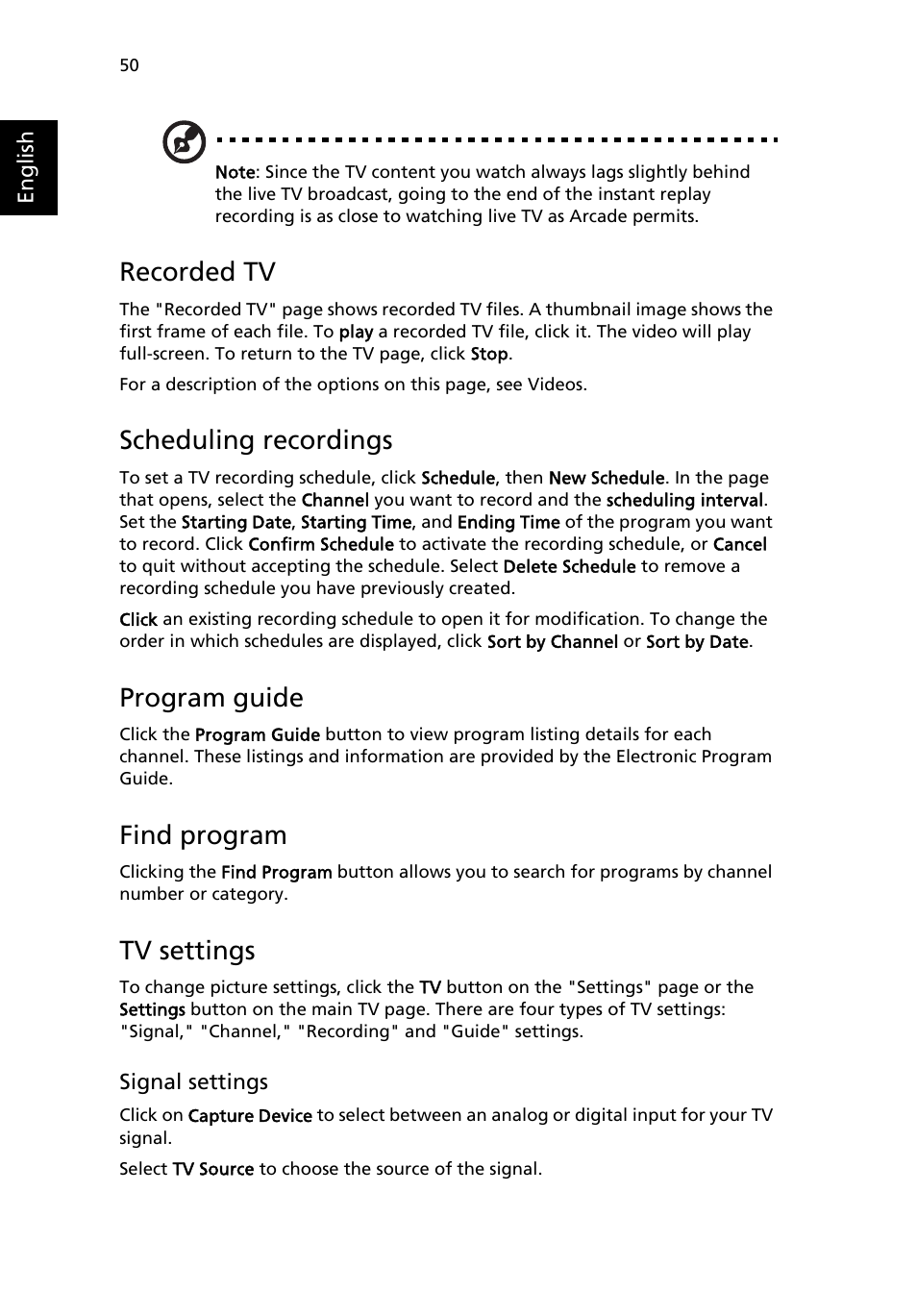 Recorded tv, Scheduling recordings, Program guide | Find program, Tv settings | Acer Aspire 9500 User Manual | Page 62 / 100