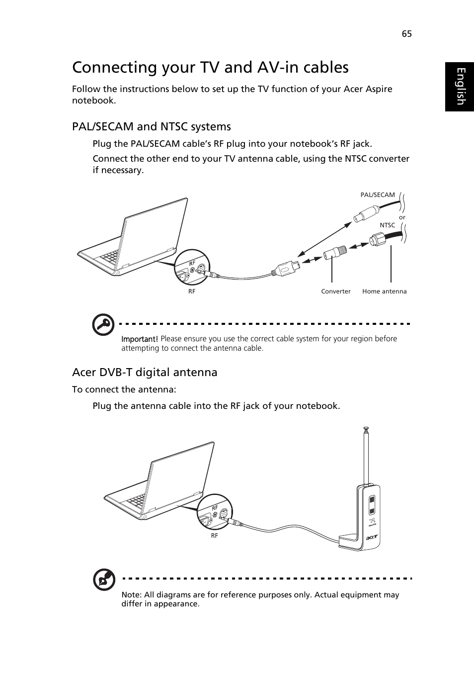 Connecting your tv and av-in cables, Eng lis h, Pal/secam and ntsc systems | Acer dvb-t digital antenna | Acer Aspire 9500 User Manual | Page 77 / 100