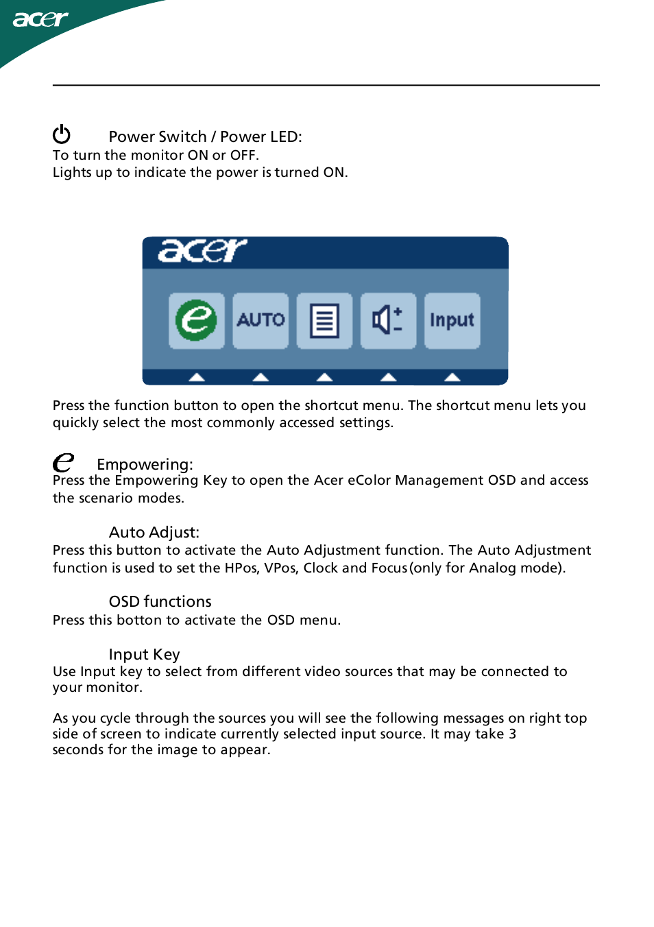 User controls, Using the shortcut menu | Acer GR235H User Manual | Page 13 / 24