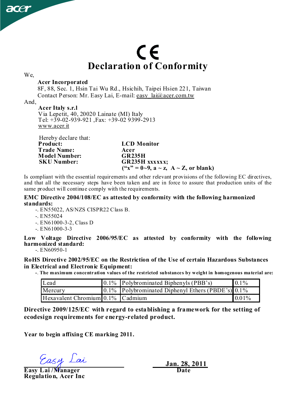 Declaration of conformity | Acer GR235H User Manual | Page 23 / 24