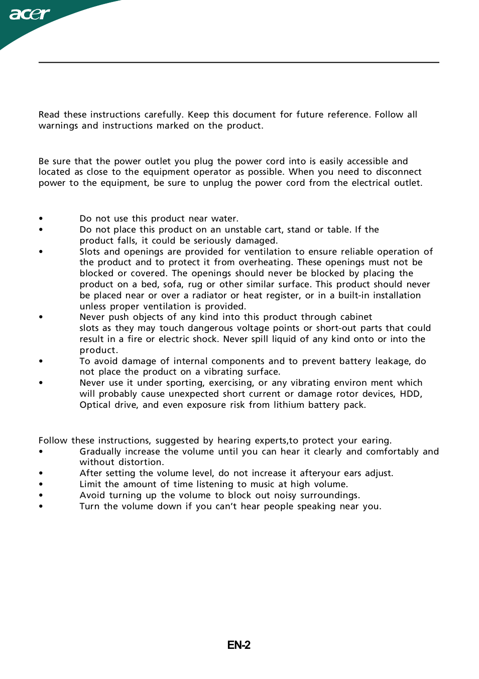 Information for your safety and comfort, En-2, Safety instructions | Caution for accessibility, Warnings, Safe listening | Acer GR235H User Manual | Page 3 / 24