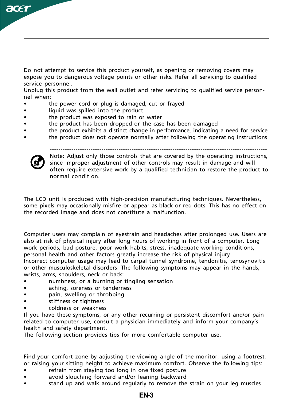 En-3 product servicing, Lcd pixel statement, Tips and information for comfortable use | Finding your comfort zone | Acer GR235H User Manual | Page 4 / 24