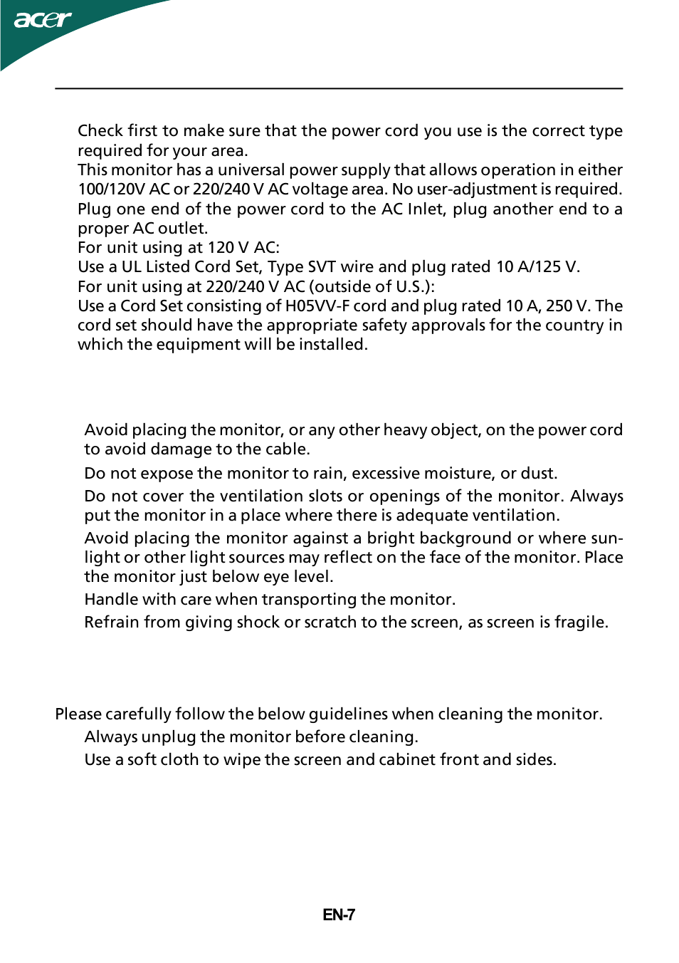 Connecting the power cord, Safety precaution, Cleaning your monitor | Acer GR235H User Manual | Page 8 / 24