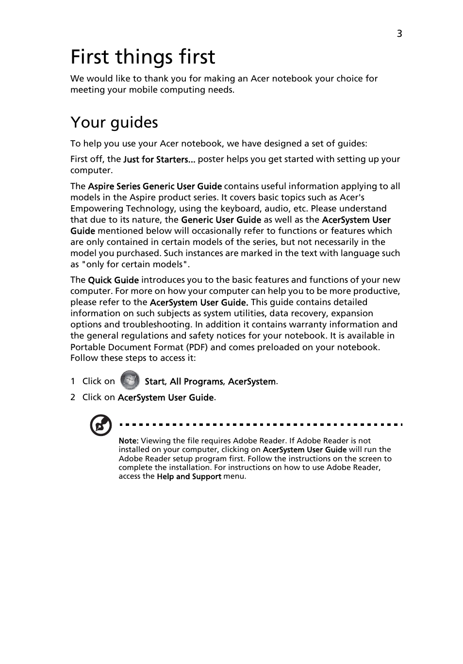 First things first, Your guides | Acer Aspire 4535G User Manual | Page 3 / 13