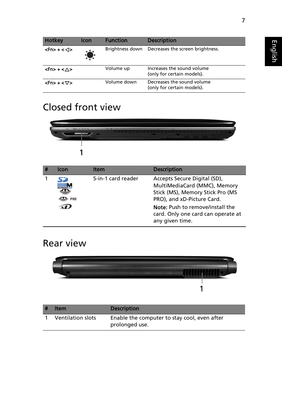 Closed front view, Rear view, Closed front view rear view | Acer Aspire 4535G User Manual | Page 7 / 13