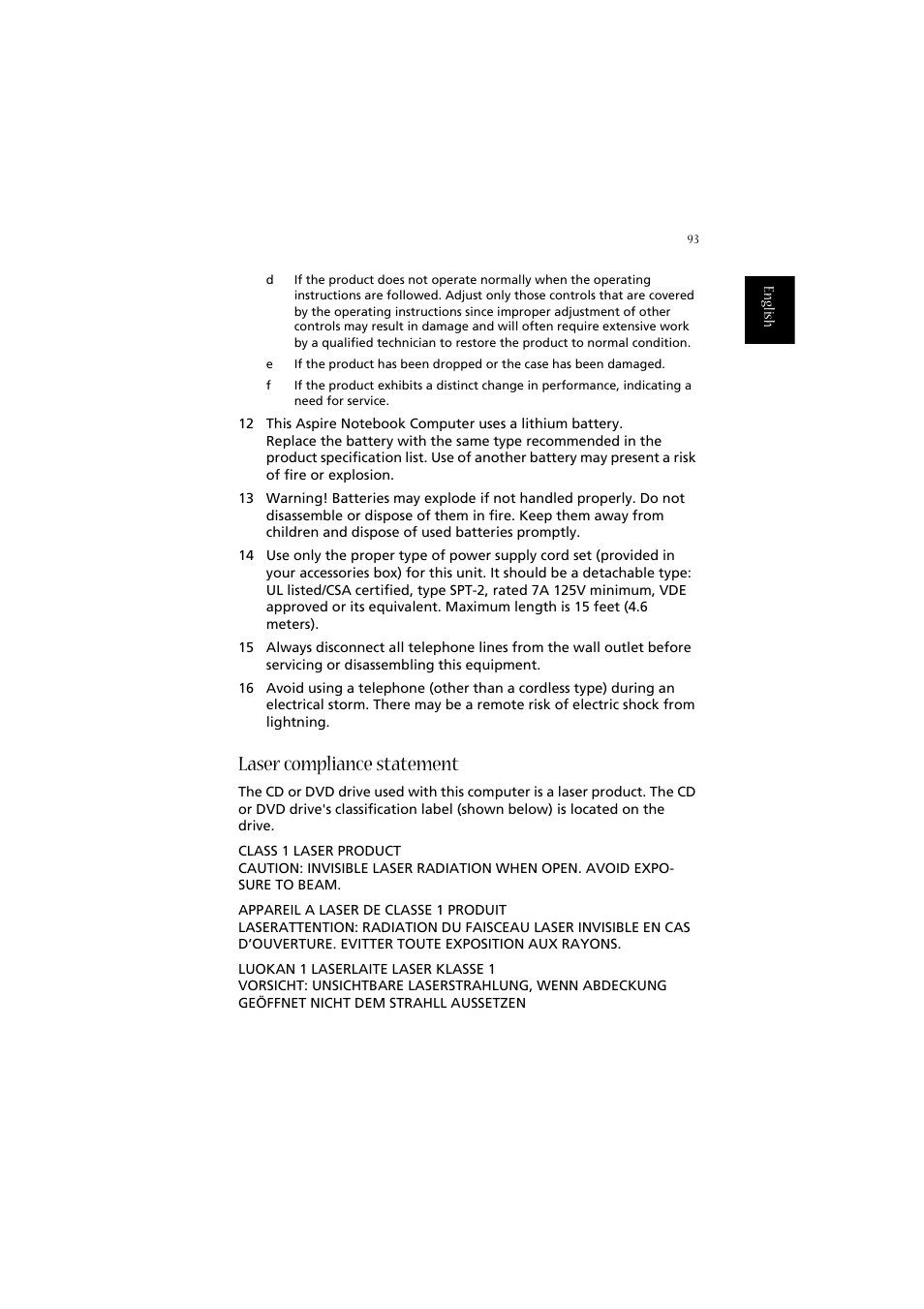 Laser compliance statement | Acer Aspire 2020 User Manual | Page 103 / 110