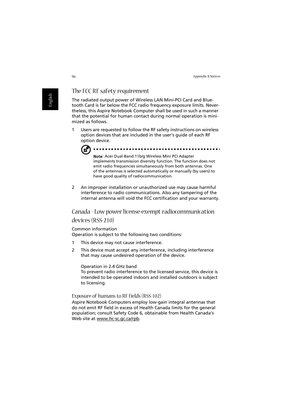 The fcc rf safety requirement, Exposure of humans to rf fields (rss-102) | Acer Aspire 2020 User Manual | Page 106 / 110