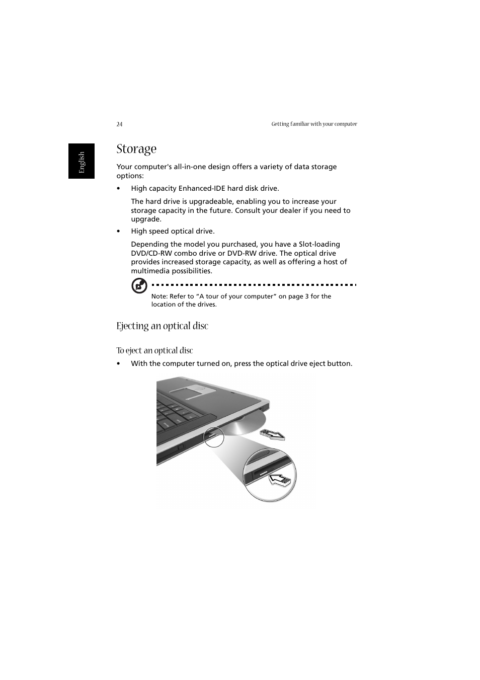 Storage, Ejecting an optical disc | Acer Aspire 2020 User Manual | Page 34 / 110