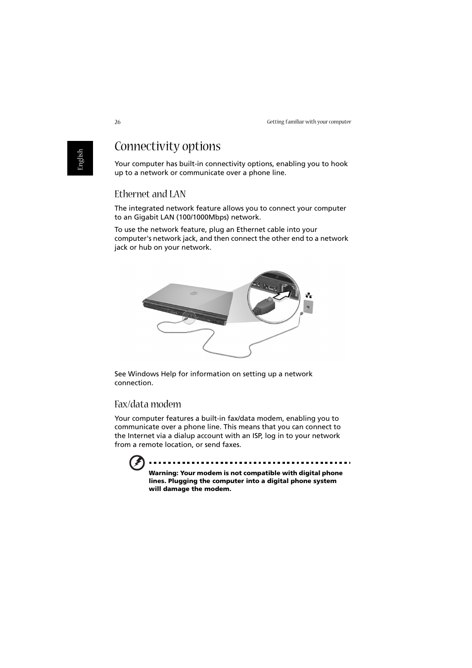 Connectivity options, Ethernet and lan, Fax/data modem | Acer Aspire 2020 User Manual | Page 36 / 110