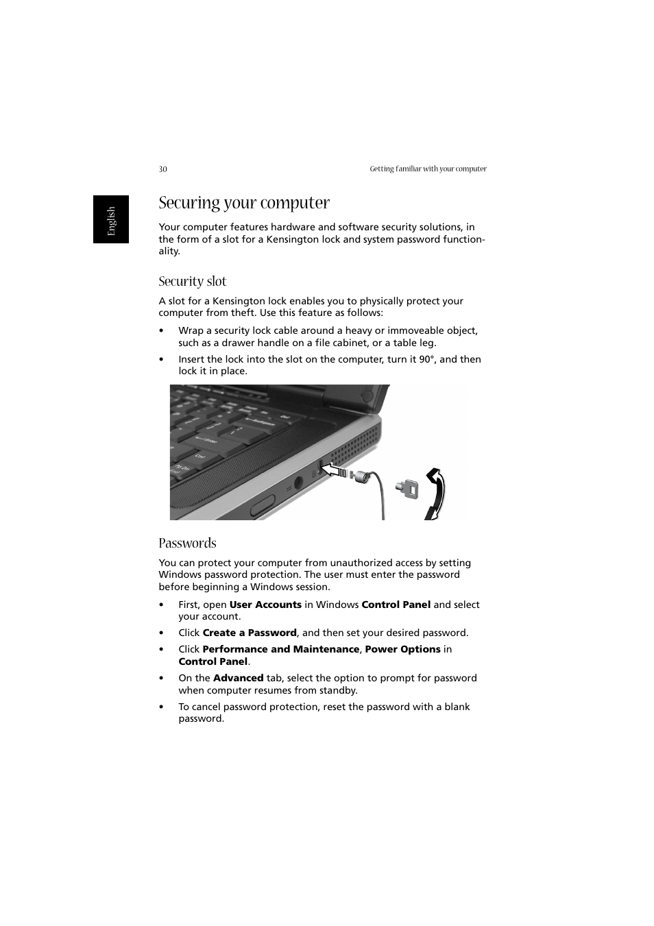 Securing your computer, Security slot, Passwords | Acer Aspire 2020 User Manual | Page 40 / 110