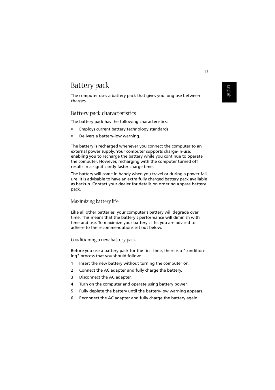 Battery pack, Battery pack characteristics, Maximizing battery life | Conditioning a new battery pack | Acer Aspire 2020 User Manual | Page 43 / 110