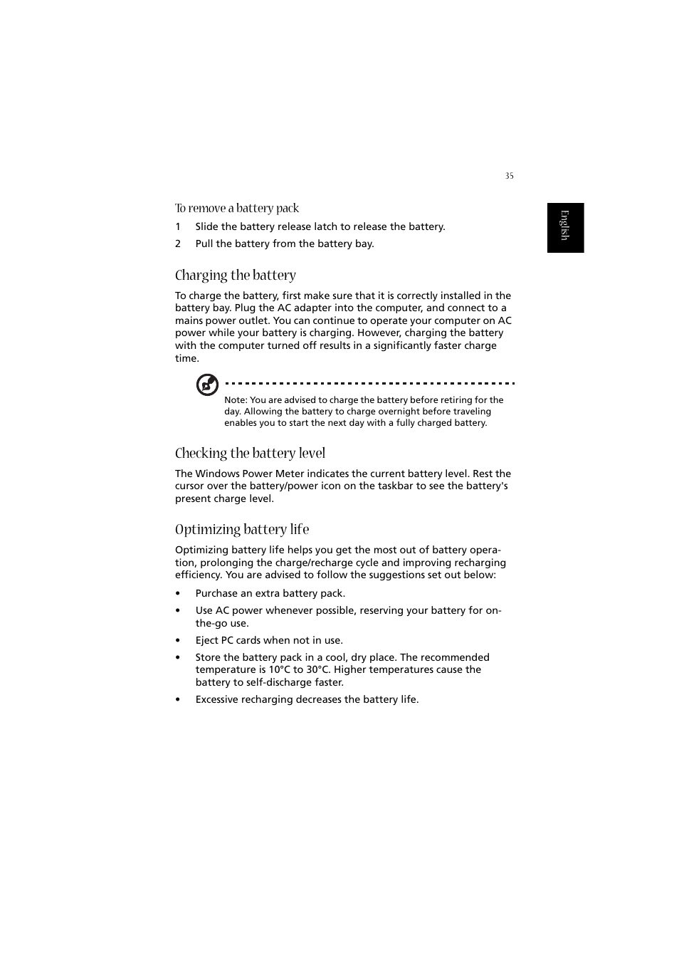 Charging the battery, Checking the battery level, Optimizing battery life | Acer Aspire 2020 User Manual | Page 45 / 110