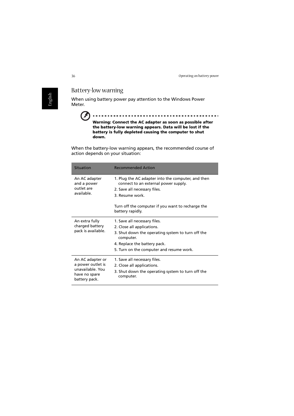 Battery-low warning | Acer Aspire 2020 User Manual | Page 46 / 110