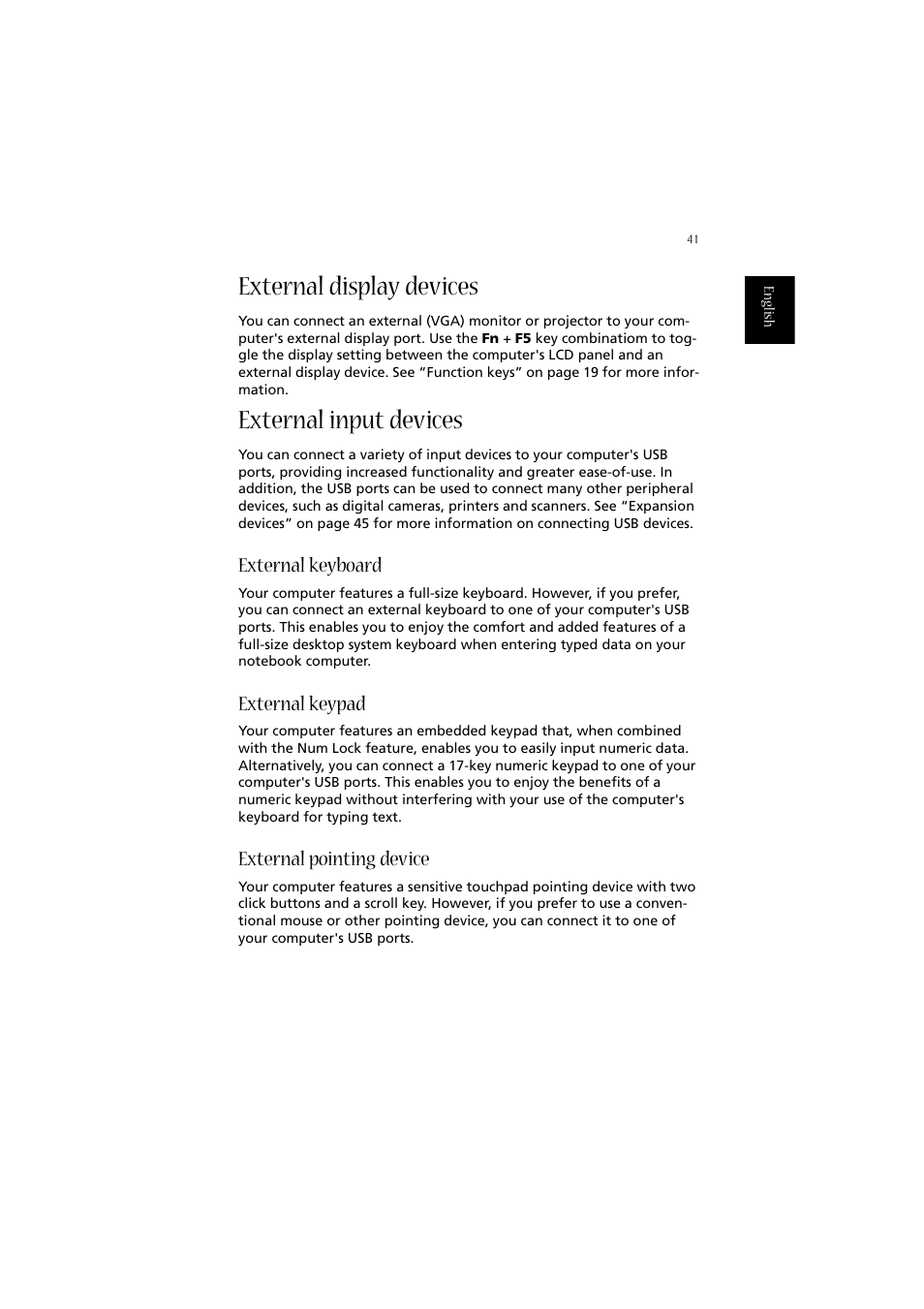 External display devices, External input devices, External keyboard | External keypad, External pointing device | Acer Aspire 2020 User Manual | Page 51 / 110