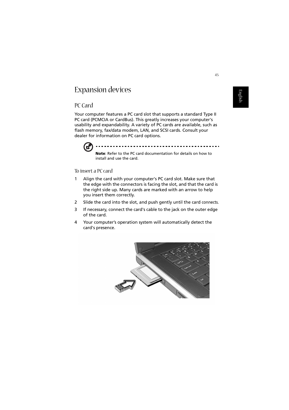 Expansion devices, Pc card | Acer Aspire 2020 User Manual | Page 55 / 110