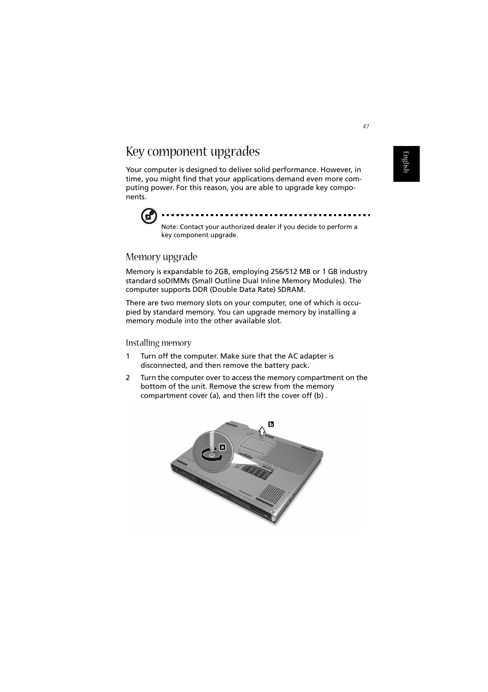 Key component upgrades, Memory upgrade, Installing memory | Acer Aspire 2020 User Manual | Page 57 / 110