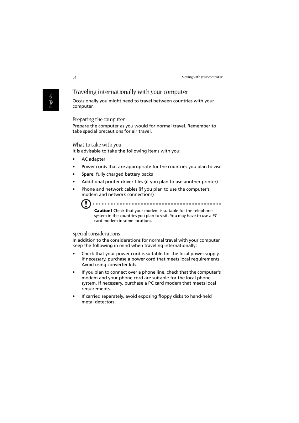 Traveling internationally with your computer, Preparing the computer, What to take with you | Special considerations | Acer Aspire 2020 User Manual | Page 64 / 110