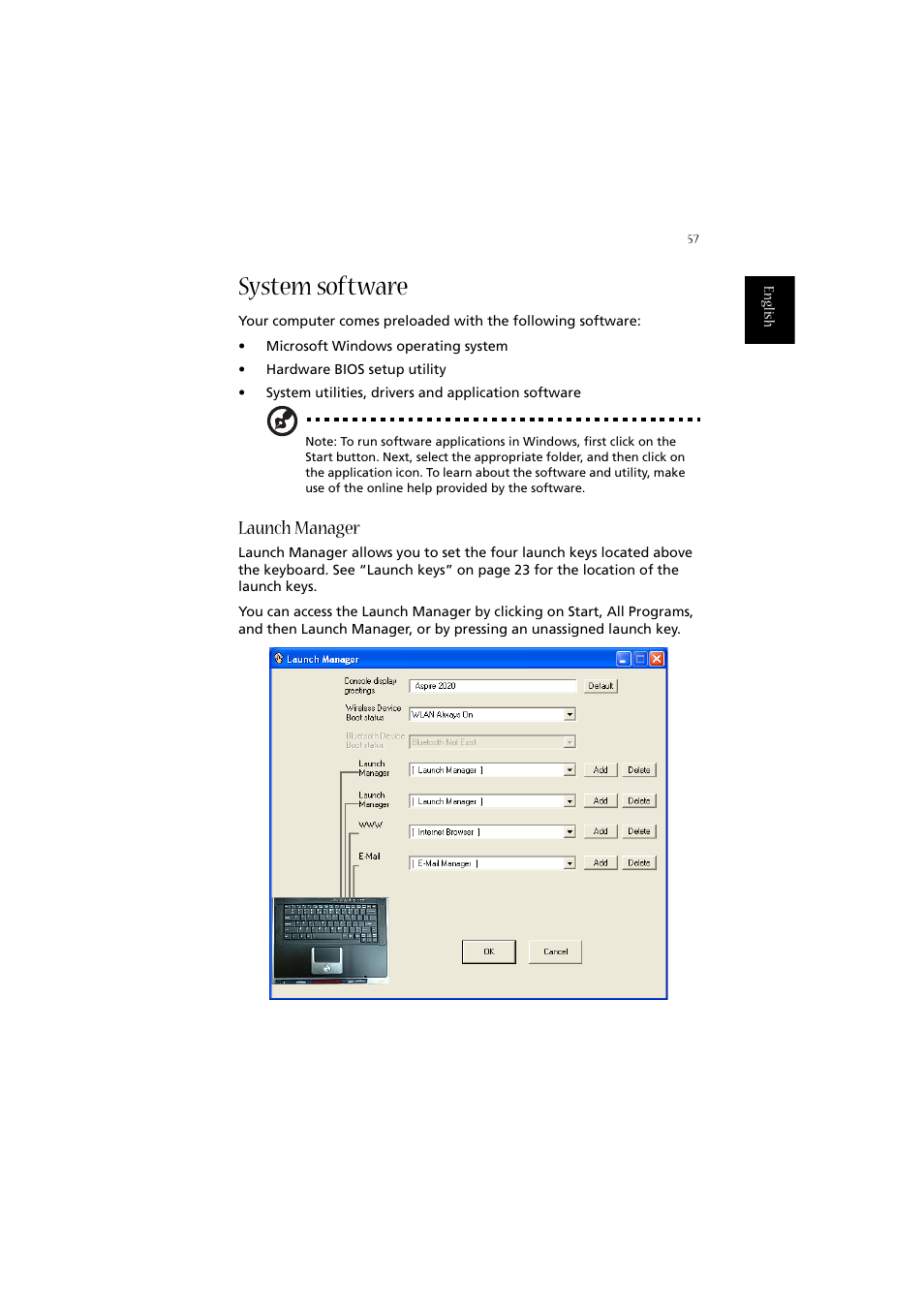 System software, Launch manager | Acer Aspire 2020 User Manual | Page 67 / 110