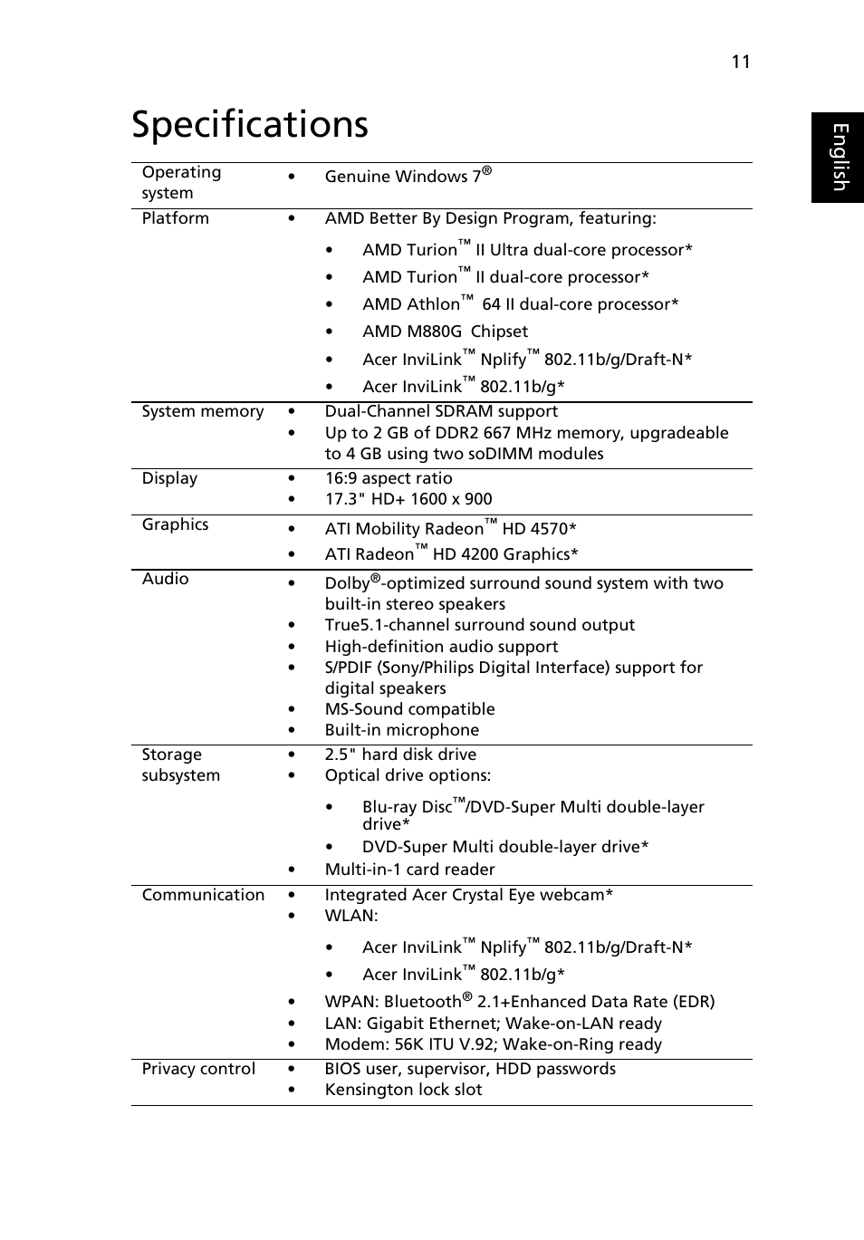 Specifications, Eng lis h | Acer Aspire 7540 User Manual | Page 11 / 12