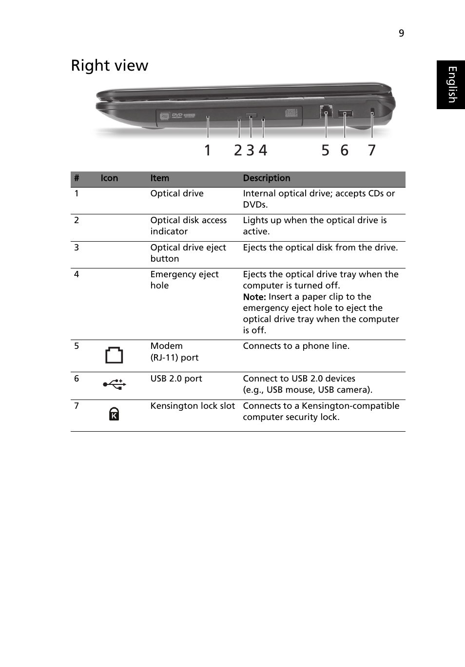 Right view | Acer Aspire 7540 User Manual | Page 9 / 12