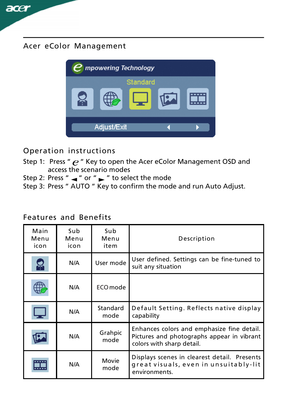 Acer ecolor management operation instructions, Features and benefits | Acer P216HV User Manual | Page 15 / 23