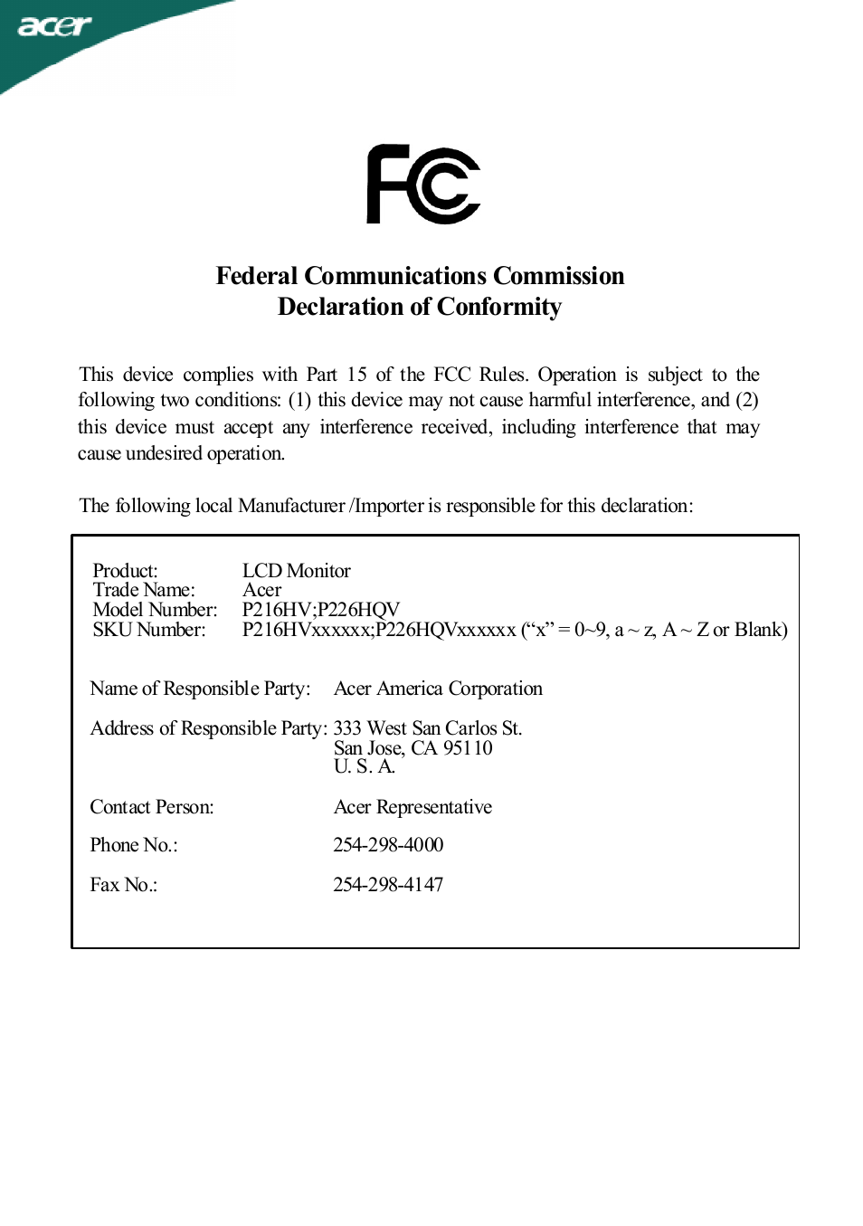 Acer P216HV User Manual | Page 23 / 23