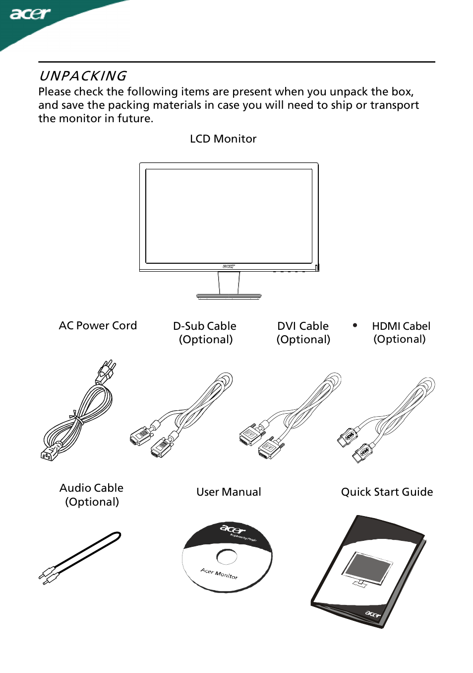 Unpacking | Acer P216HV User Manual | Page 6 / 23