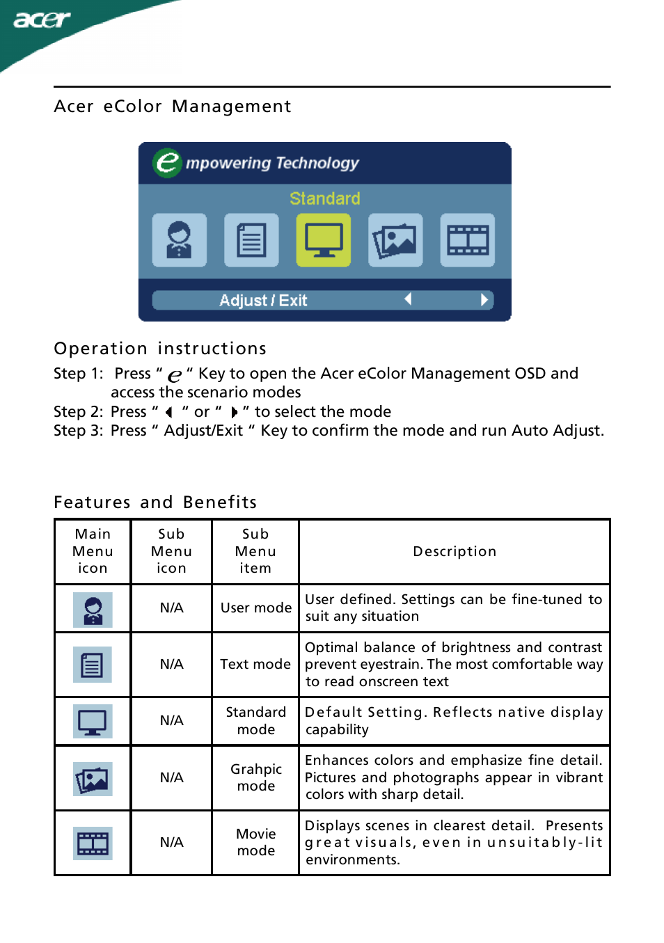 Acer ecolor management operation instructions, Features and benefits | Acer G185H User Manual | Page 15 / 23