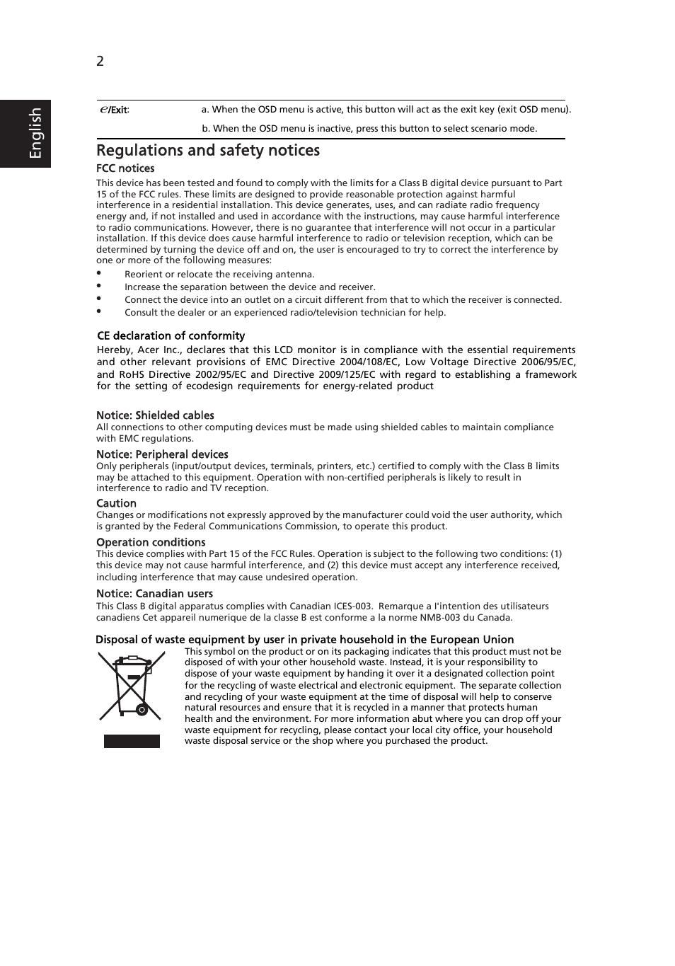 Regulations and safety notices, Eng lis h | Acer B223WL User Manual | Page 2 / 2