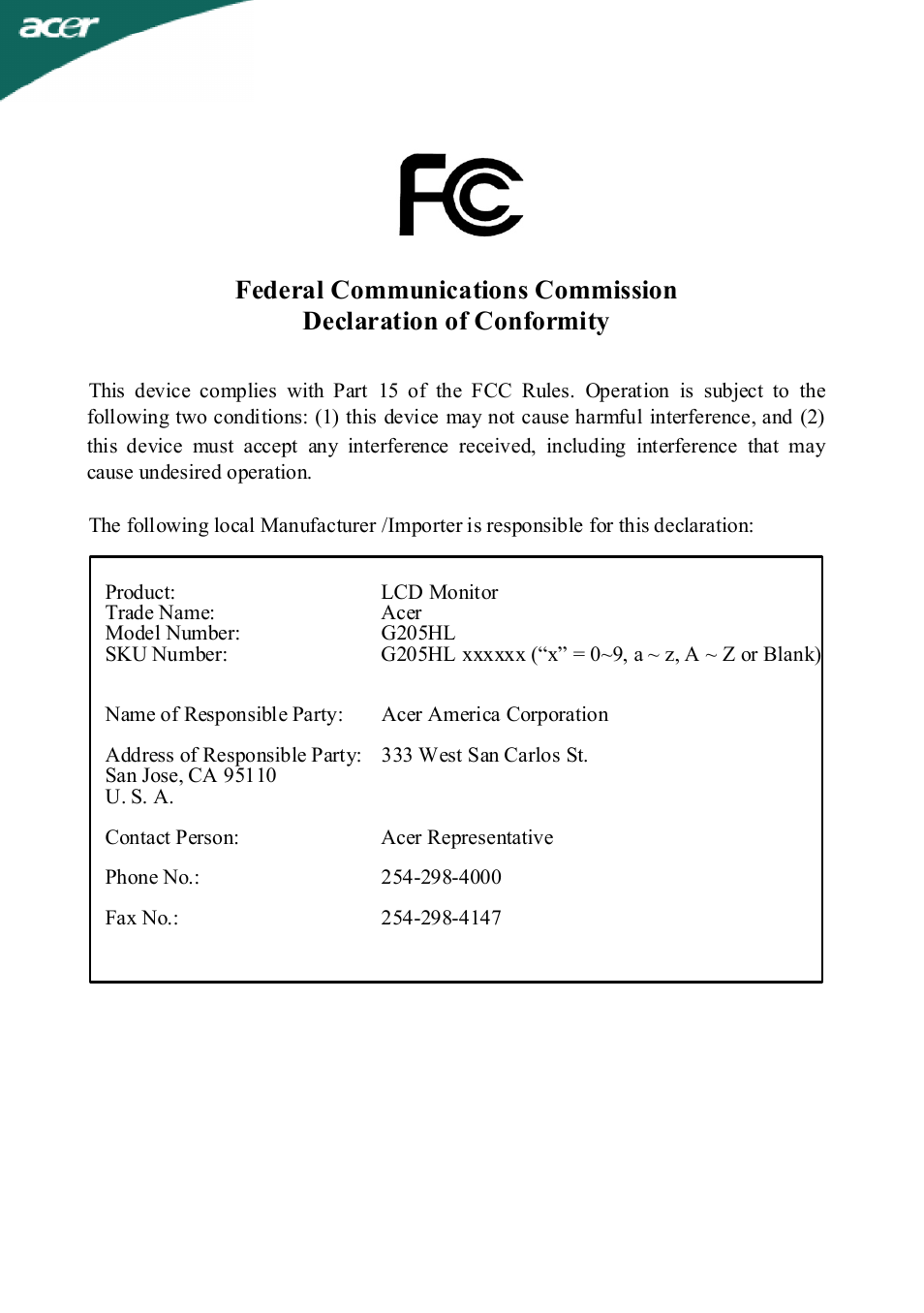 Acer G205HL User Manual | Page 23 / 23