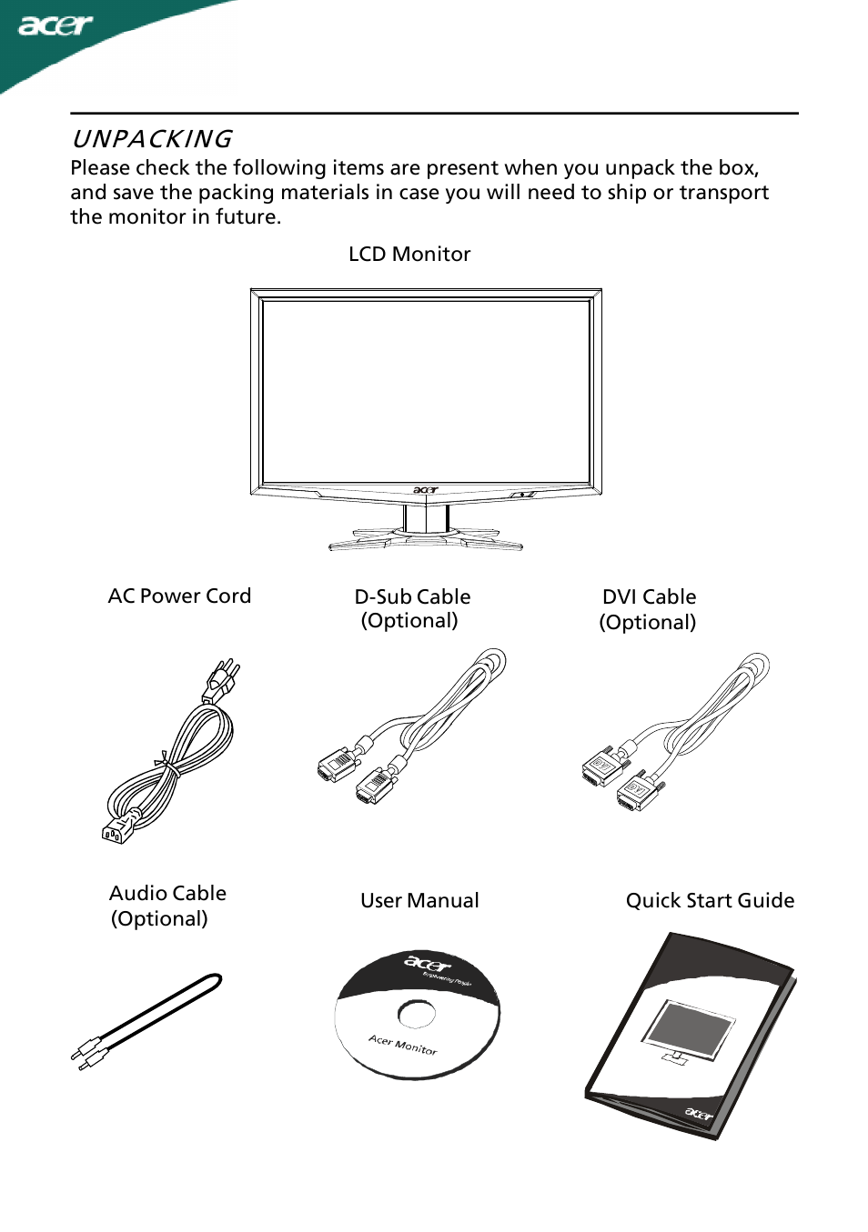 Unpacking | Acer G205HL User Manual | Page 6 / 23