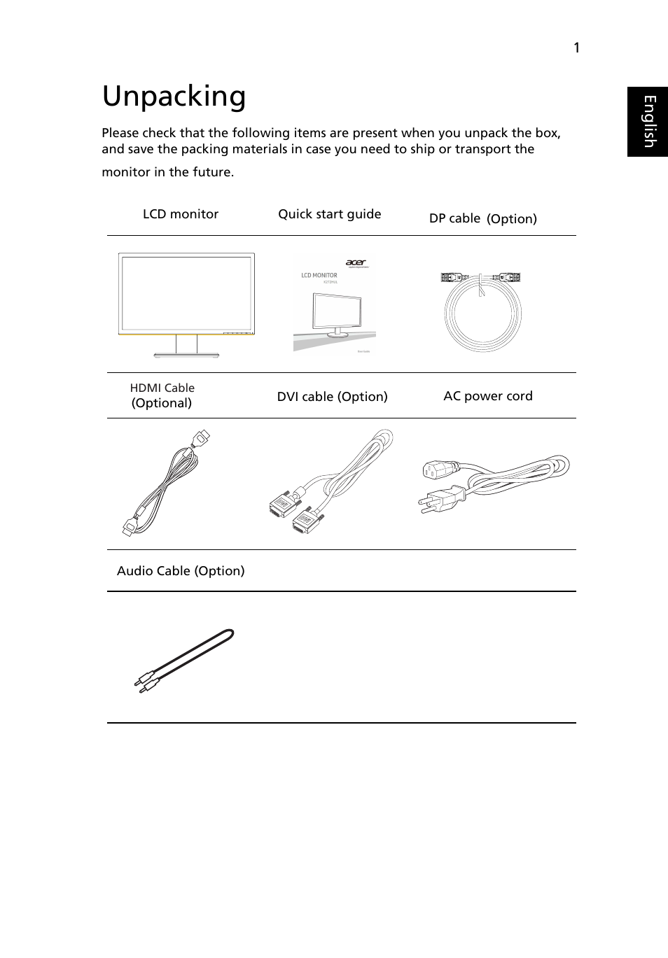 Unpacking | Acer K272HUL User Manual | Page 13 / 26