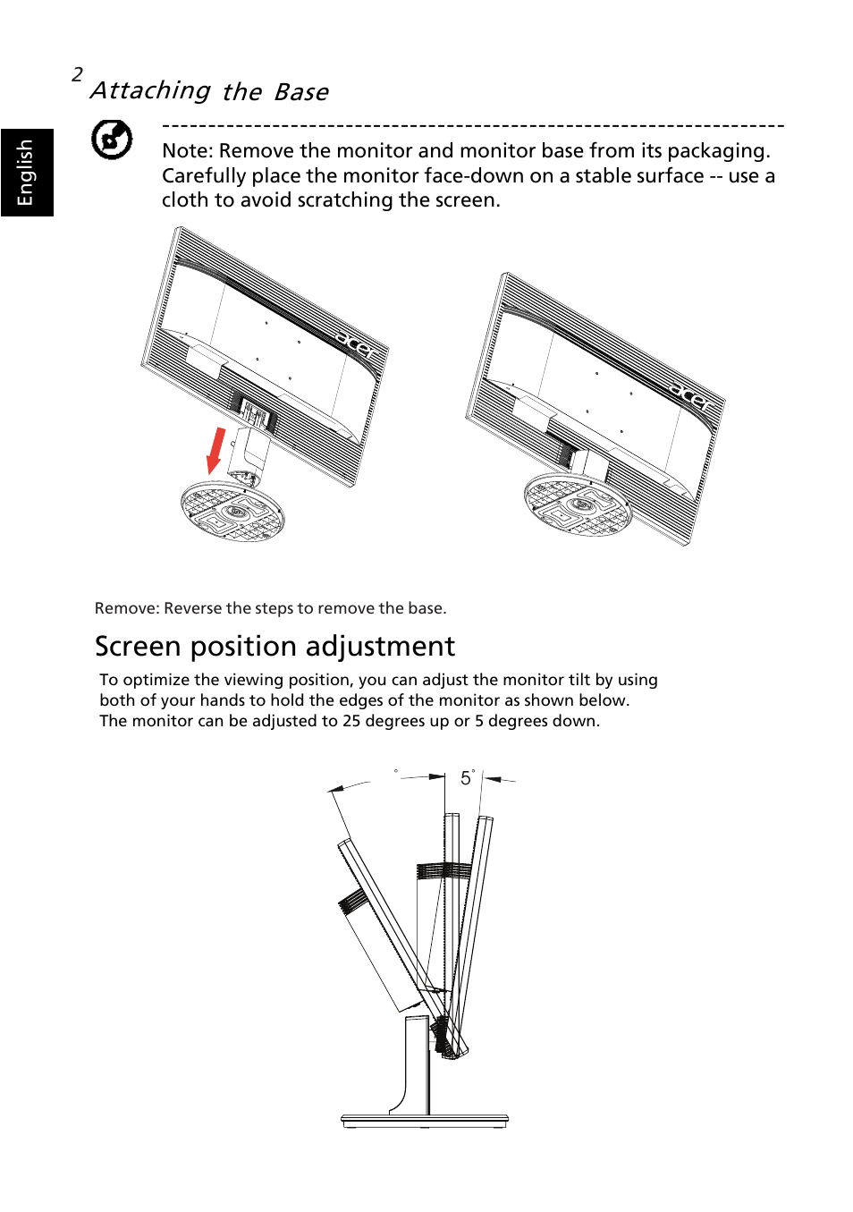 Screen position adjustment, Attaching the base | Acer K272HUL User Manual | Page 14 / 26