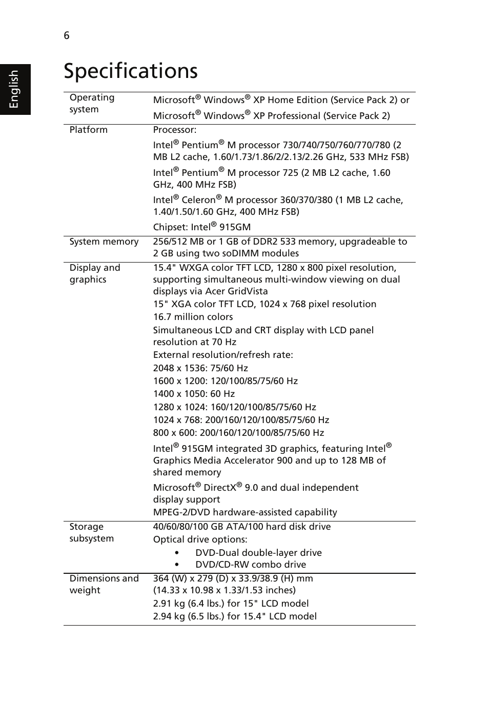 Specifications, English | Acer TravelMate 4060 User Manual | Page 16 / 68