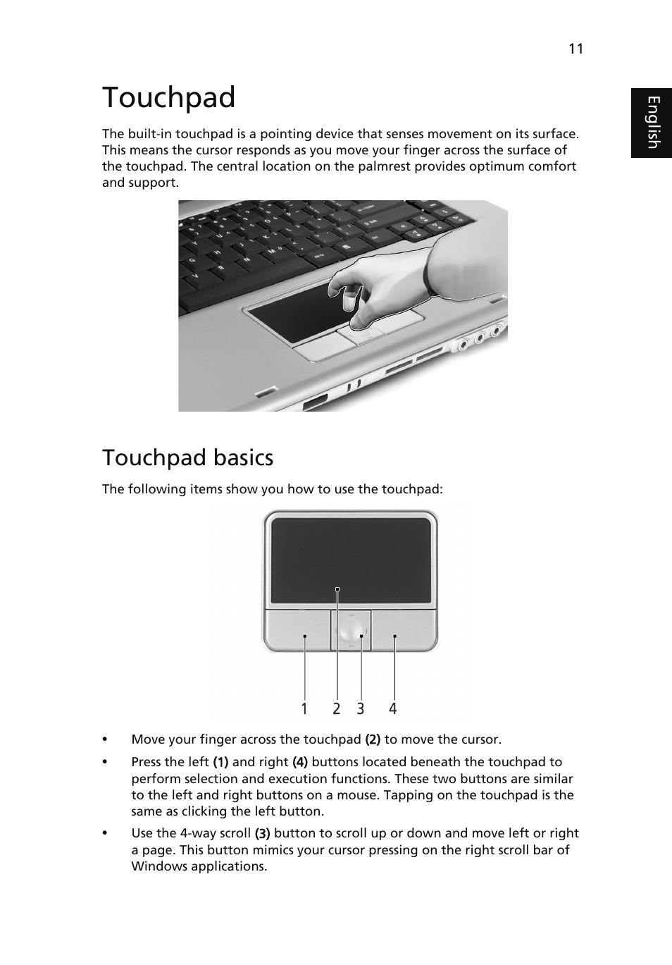 Touchpad, Touchpad basics | Acer TravelMate 4060 User Manual | Page 21 / 68